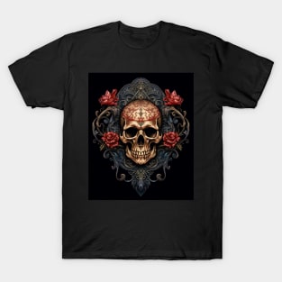 Eternal Beauty: Skull and Rose Illustration in Rococo Realms T-Shirt